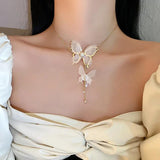 Double Pendant Pearl Crystal Lace Butterfly Necklace For Women