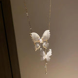 Double Pendant Pearl Crystal Lace Butterfly Necklace For Women