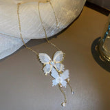 Double Pendant Pearl Crystal Lace Butterfly Necklace For Women