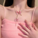 Double Pendant Pearl Crystal Lace Butterfly Necklace For Women
