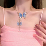 Double Pendant Pearl Crystal Lace Butterfly Necklace For Women