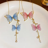 Double Pendant Pearl Crystal Lace Butterfly Necklace For Women