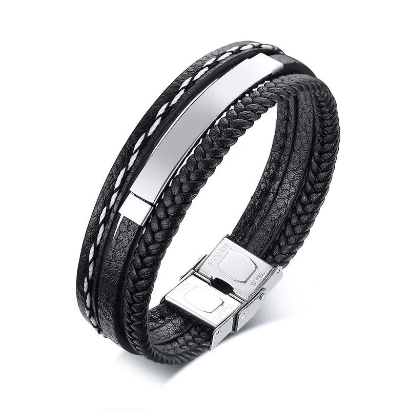 Personalized Engrave Leather Bracelet with ID Bangle