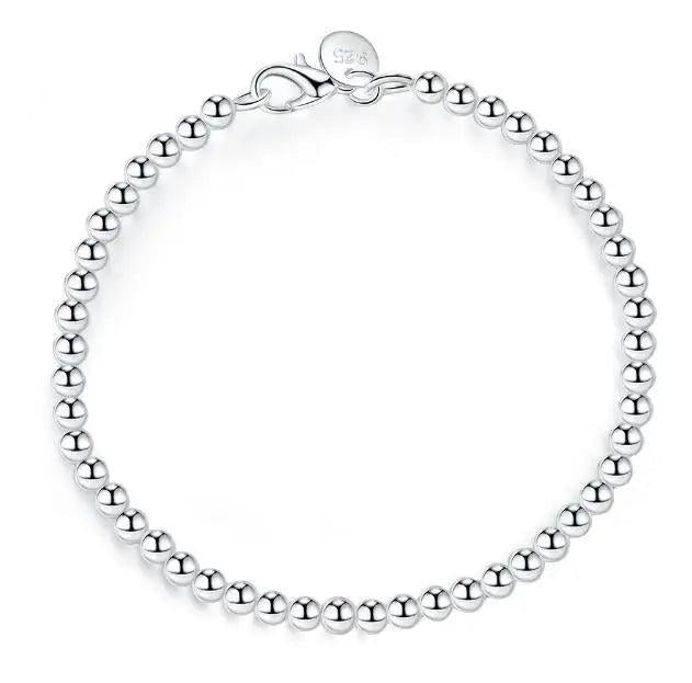 925 Sterling Silver 4mm Beads Ball Chain Bracelet Lady Gift