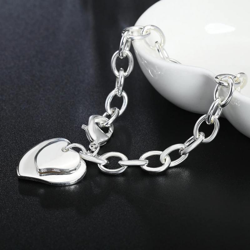 925 Silver Double Heart Pendant Bracelet Wedding Jewelry