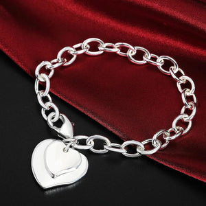 925 Silver Double Heart Pendant Bracelet Wedding Jewelry