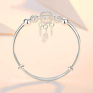 925 Silver Tassel Feather Round Bead Charm Bracelet Bangle for Women