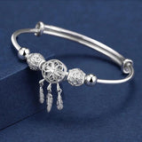 925 Silver Tassel Feather Round Bead Charm Bracelet Bangle for Women