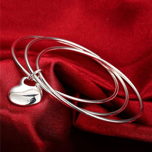 925 Silver 3 Round Love Heart Bangles Women's Bracelets Wedding Jewelry