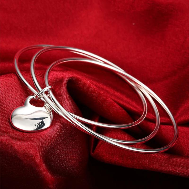 925 Silver 3 Round Love Heart Bangles Women's Bracelets Wedding Jewelry