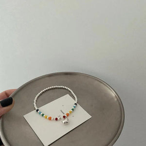 925 Silver Heart Bear Rainbow Beads Bracelet Women Girl Jewelry