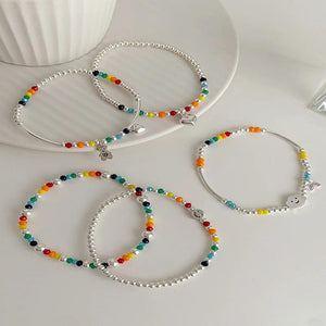 925 Silver Heart Bear Rainbow Beads Bracelet Women Girl Jewelry
