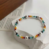 925 Silver Heart Bear Rainbow Beads Bracelet Women Girl Jewelry