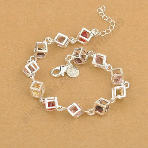 925 Silver CZ Square Bracelet Colorful Lobster Clasp Jewelry
