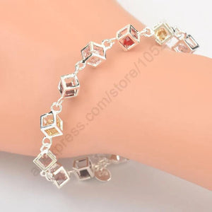 925 Silver CZ Square Bracelet Colorful Lobster Clasp Jewelry