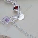 925 Silver CZ Square Bracelet Colorful Lobster Clasp Jewelry