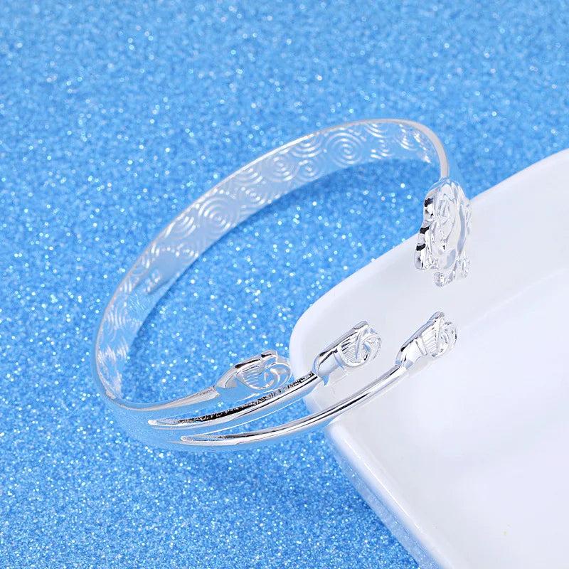925 Silver Flower Bangle Cuff Bracelet