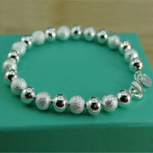 925 Sterling Silver 8MM Frosted Bead Chain Bracelet For Women