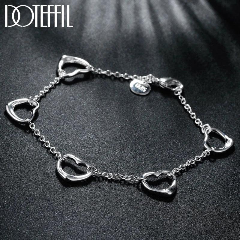 925 Silver Five Heart Chain Bracelet Wedding Party Jewelry