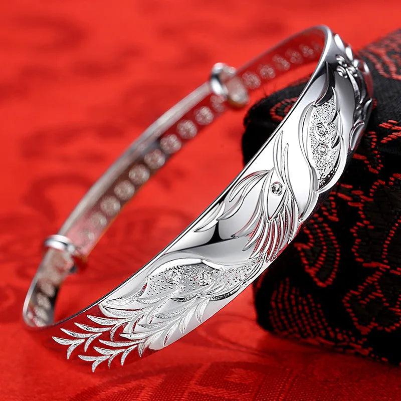 925 Silver Noble Phoenix Bangle Bracelet Women Party Wedding Jewelry