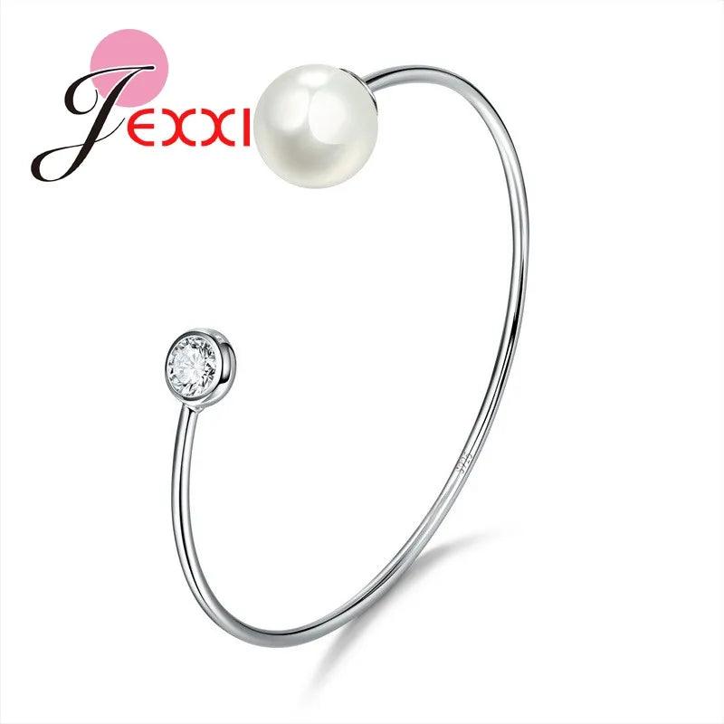 925 Sterling Silver Open Cuff Bangle Clear CZ Embellishment