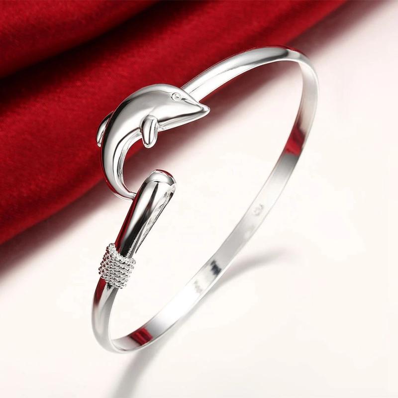 925 Silver Dolphin Bangle Bracelet Women Party Gift