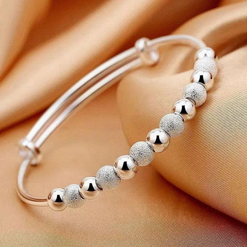 925 Silver Adjustable Frosted Beads Bangle Bracelet Women Party Gift