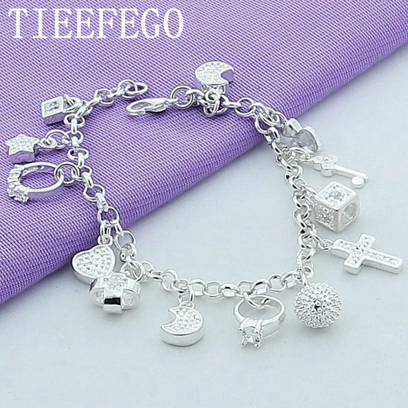 925 Silver Moon Heart Lock Cross Bracelet Wedding Jewelry