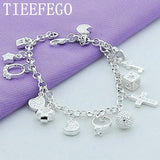 925 Silver Moon Heart Lock Cross Bracelet Wedding Jewelry