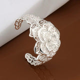 925 Silver Bangle Retro Charm Hollow Flowers Bracelet