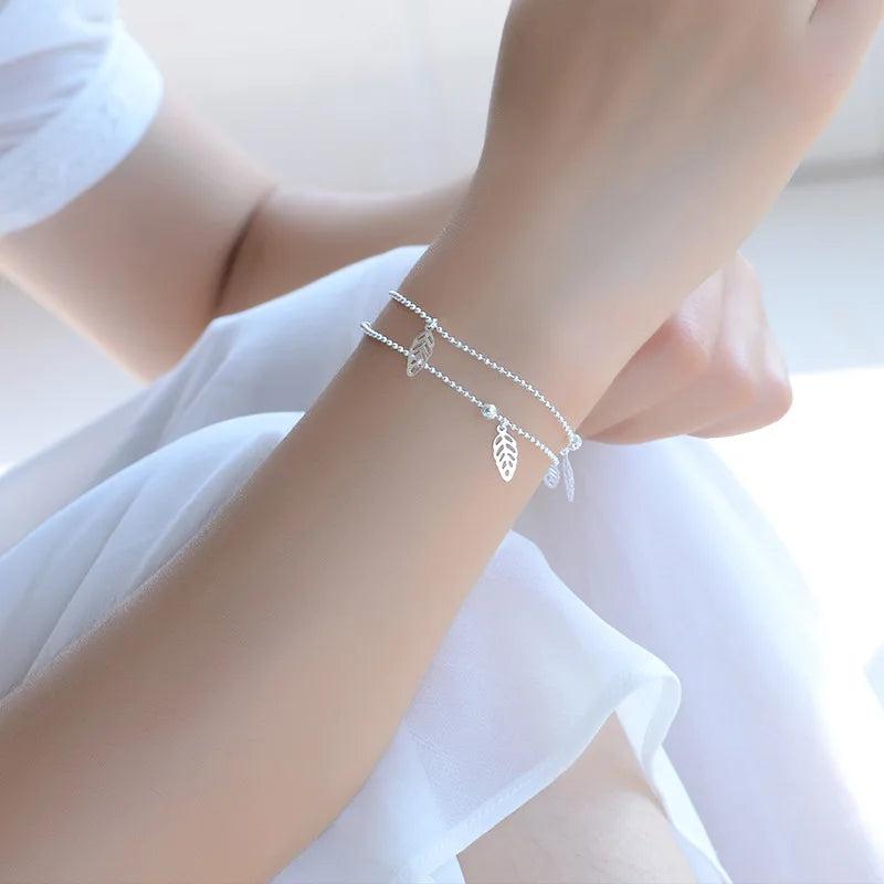 925 Silver Leaf Bracelet Double Hollow Leaves Charm Anklet