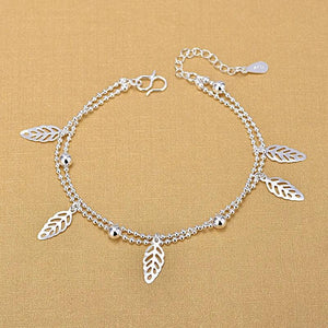 925 Silver Leaf Bracelet Double Hollow Leaves Charm Anklet