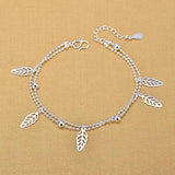 925 Silver Leaf Bracelet Double Hollow Leaves Charm Anklet
