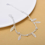 925 Silver Leaf Bracelet Double Hollow Leaves Charm Anklet