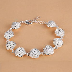 925 Silver Rose Flower Bracelet For Women Party Wedding Jewelry
