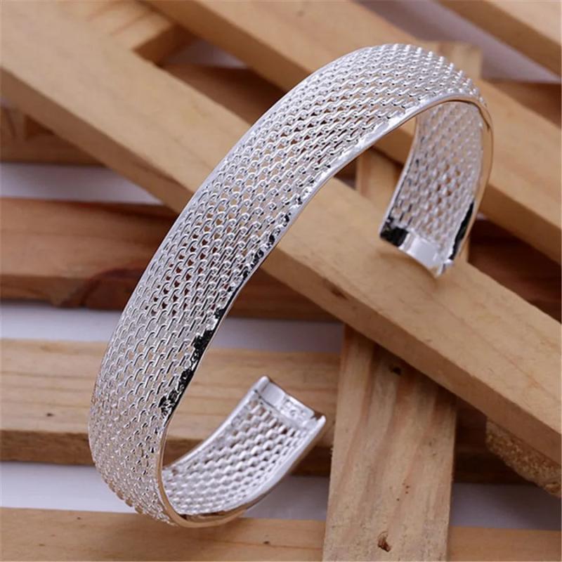 925 Sterling Silver Cuff Bracelet Net Bangle Adjustable Jewelry