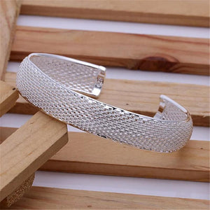 925 Sterling Silver Cuff Bracelet Net Bangle Adjustable Jewelry
