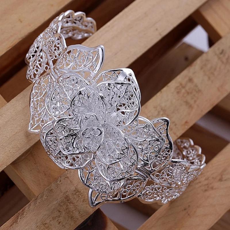 925 Silver Bangle Hollow Flowers Bracelet