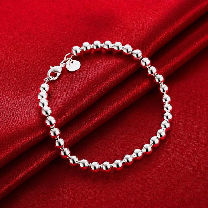 925 Silver 6mm Round Beads Charm Bracelet For Women Lady Fine Jewelry