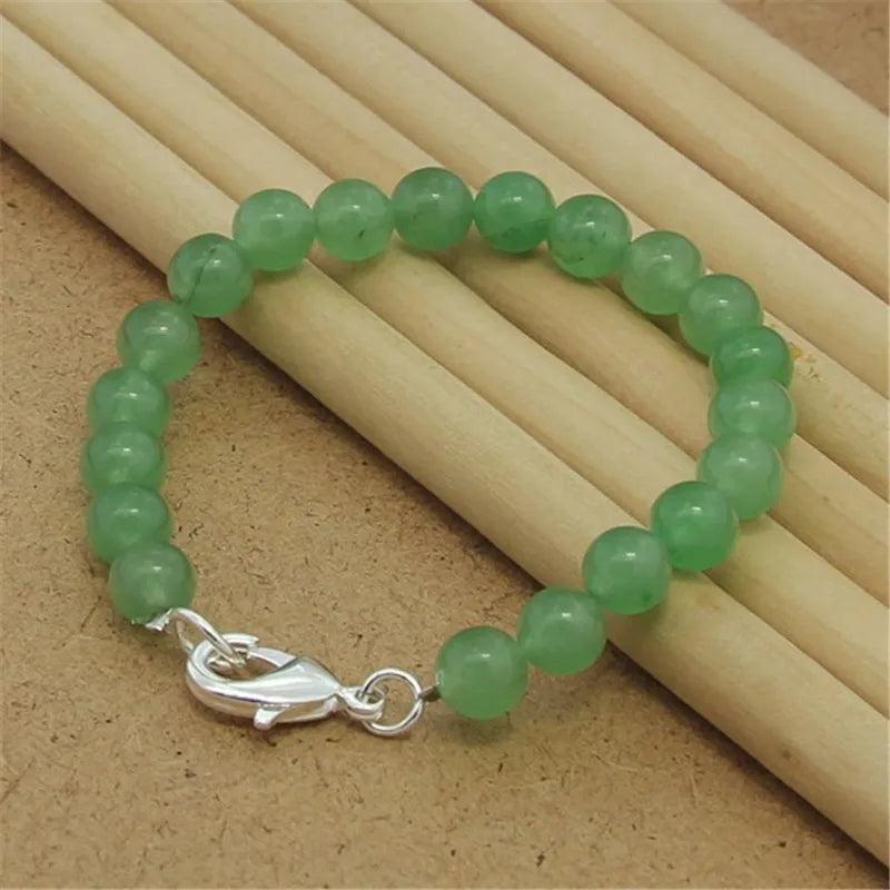 925 Silver Bracelet with Emerald Beads Lobster Clasp 8MM