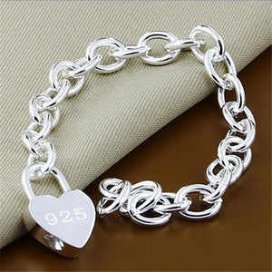 925 Silver Heart Lock Charm Bracelet Fine Jewelry
