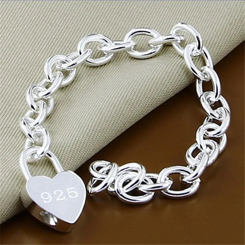 925 Silver Heart Lock Charm Bracelet Fine Jewelry