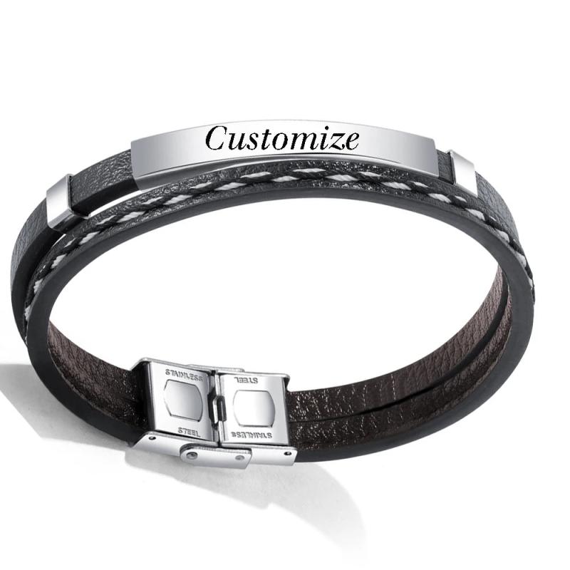 Men's Layer Leather Bracelet Custom Engraving Stainless Steel Bangle
