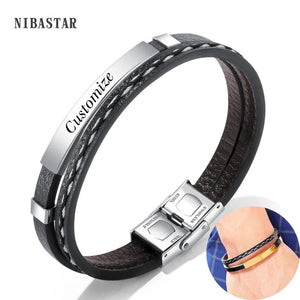 Men's Layer Leather Bracelet Custom Engraving Stainless Steel Bangle