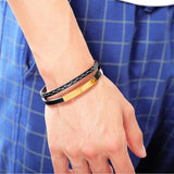 Men's Layer Leather Bracelet Custom Engraving Stainless Steel Bangle