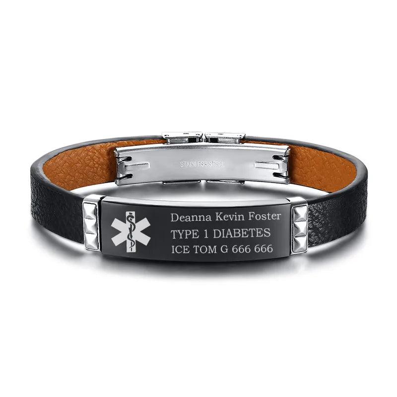 Personalized Leather Medical Alert ID Bracelet DIABETES