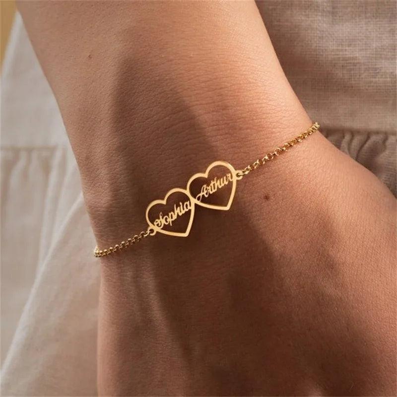 Personalized Double Name Bracelet Stainless Steel Heart Nameplate
