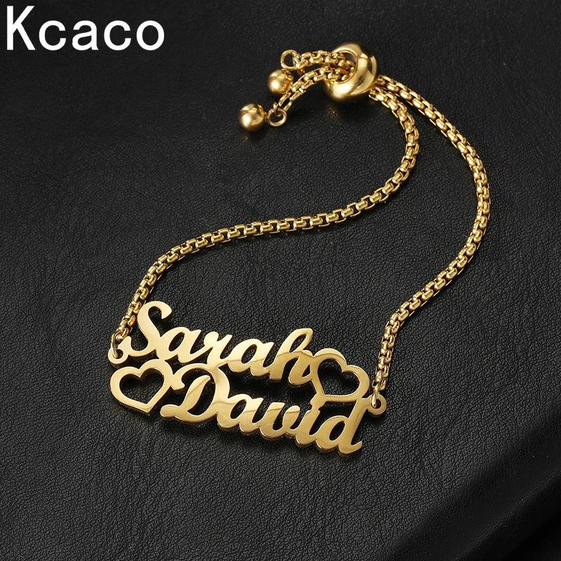 Personalized Double Hearts Name Bracelet, Stainless Steel Adjustable Jewelry