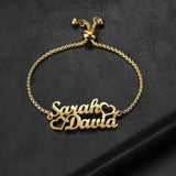Personalized Double Hearts Name Bracelet, Stainless Steel Adjustable Jewelry