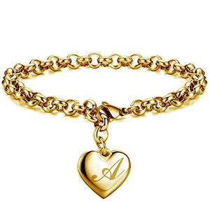 Alphabet Heart Charm Bracelet Stainless Steel Link Chain Engraved Letter
